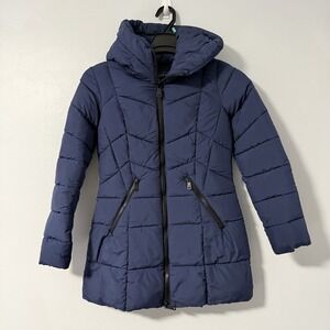 Bernardo Women's Puffer Jacket Navy Blue Coat Hooded‎ Quilted Mid Length XS
